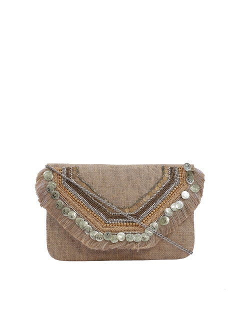 

FABBHUE Beige & Silver-Toned Embellished Foldover Clutch