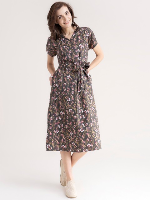 

FableStreet Olive Green & Pink Floral A-Line Midi Dress