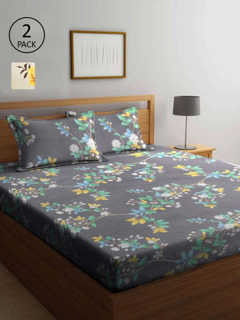 

KLOTTHE Grey & Beige Floral 210 TC 2 King Bedsheet with 4 Pillow Covers