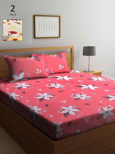 

KLOTTHE Pink & Cream-Coloured Floral 210 TC 2 King Bedsheet with 4 Pillow Covers