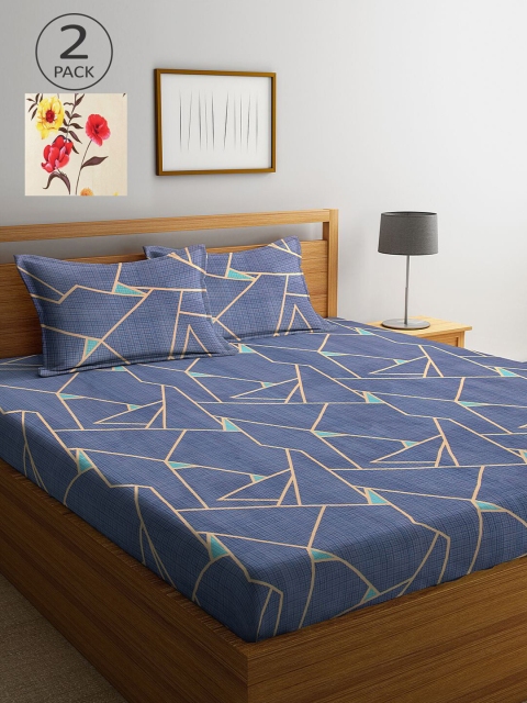 

KLOTTHE Blue & Cream-Coloured Geometric 210 TC 2 King Bedsheet with 4 Pillow Covers