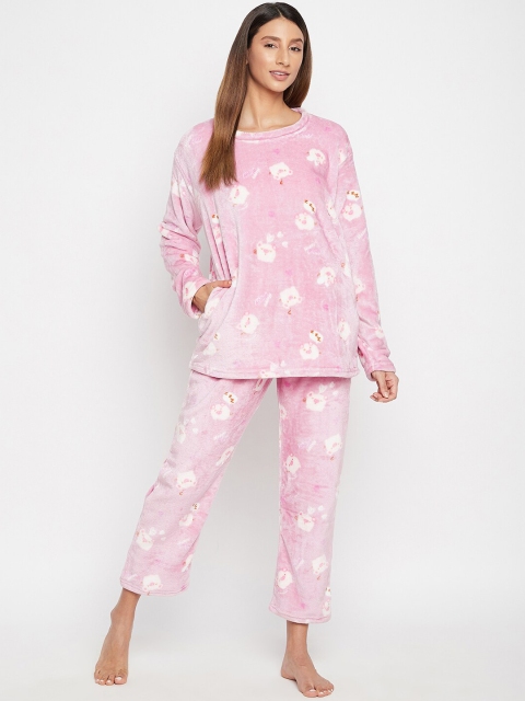 

Camey Women Pink & White Printed Velvet Night suit