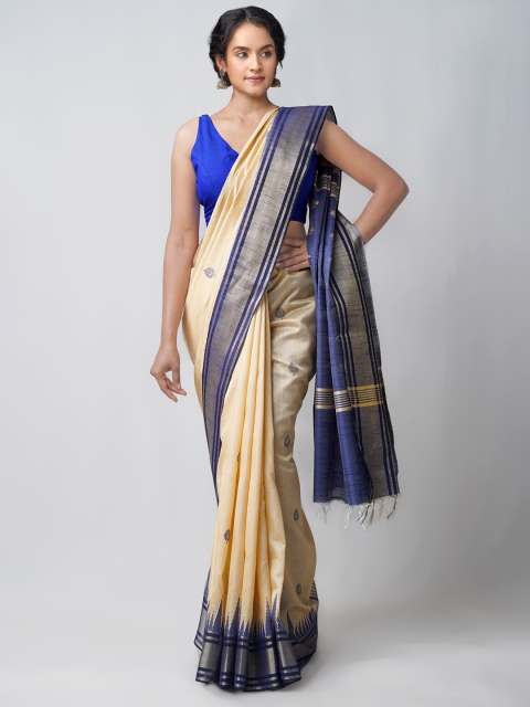 

Unnati Silks Cream-Coloured & Blue Woven Design Zari Linen Blend Jamdani Saree