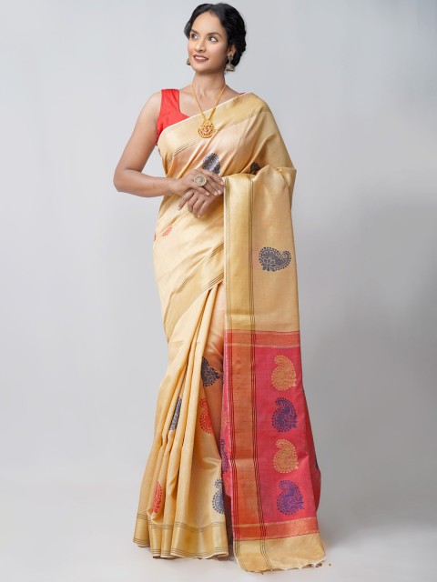 

Unnati Silks Brown & Red Woven Design Linen Blend Jamdani Saree
