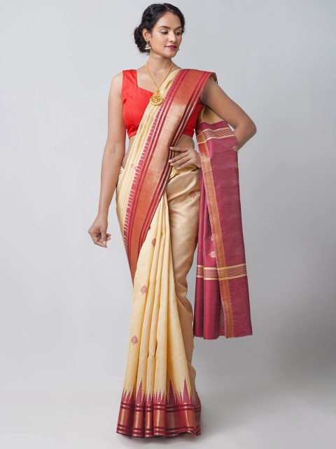 

Unnati Silks Cream-Coloured & Maroon Ethnic Motifs Zari Linen Blend Jamdani Saree