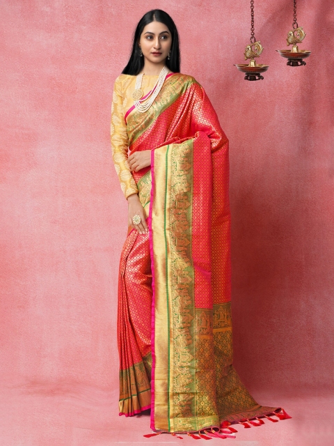 

Unnati Silks Pink & Gold-Toned Woven Design Silk Cotton Kanjeevaram Saree