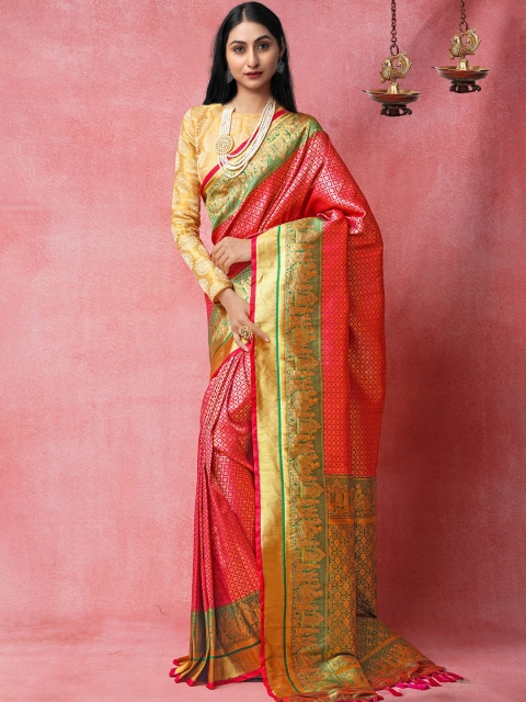 

Unnati Silks Pink & Green Woven Design Zari Silk Cotton Kanjeevaram Saree