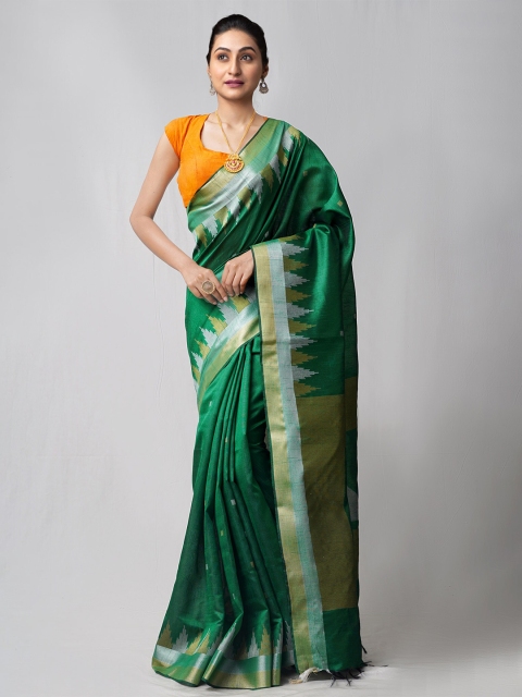 

Unnati Silks Green & Golded Ethnic Motifs Zari Linen Blend Jamdani Saree