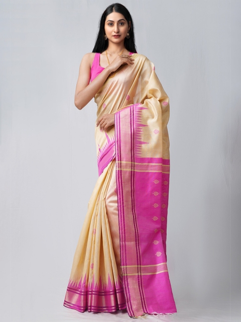 

Unnati Silks Gold-Toned & Pink Woven Design Zari Linen Blend Jamdani Saree