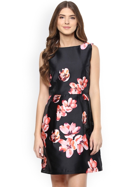 

Harpa Women Black & Pink Floral Print A-Line Dress