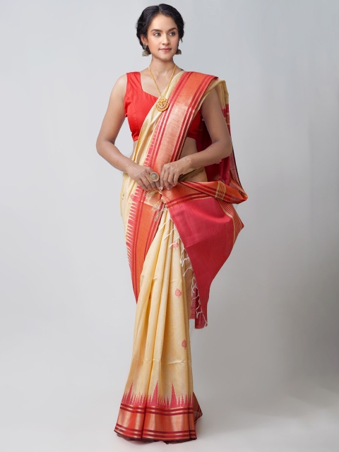 

Unnati Silks Red & Gold-Toned Woven Design Zari Linen Blend Jamdani Saree