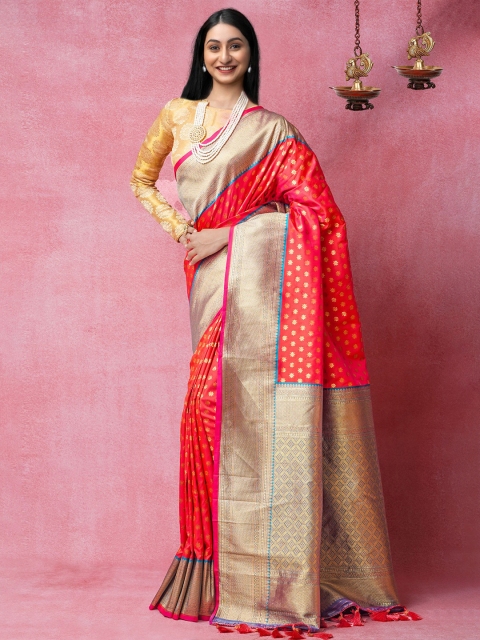 

Unnati Silks Pink & Blue Woven Design Silk Cotton Kanjeevaram Saree
