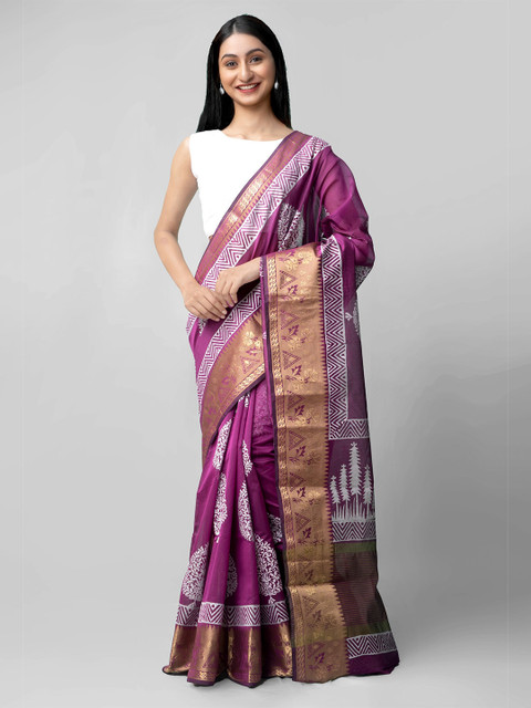 

Unnati Silks Purple & White Gold-Toned Ethnic Motifs Block Printed Jamdani Saree