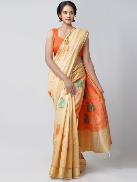 

Unnati Silks Cream-Coloured & Orange Woven Design Zari Linen Blend Jamdani Saree