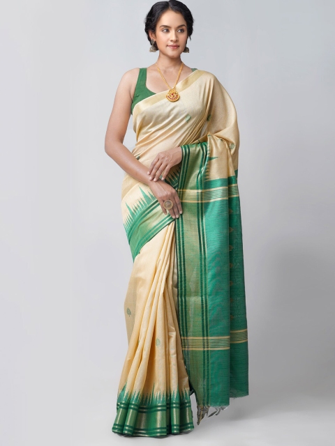 

Unnati Silks Brown & Green Woven Design Linen Blend Jamdani Saree