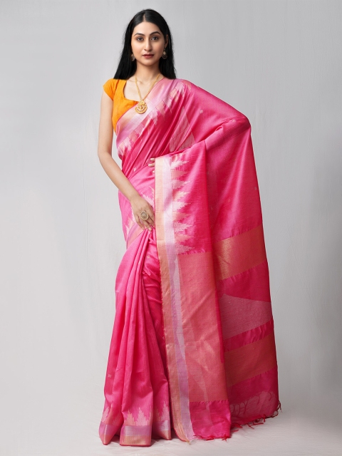 

Unnati Silks Pink & Gold-Toned Woven Design Zari Linen Blend Jamdani Saree