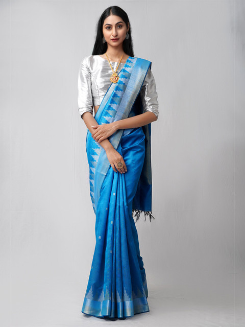 

Unnati Silks Blue & Silver-Toned Zari Linen Blend Jamdani Saree