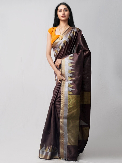

Unnati Silks Brown Ethnic Motifs Zari Linen Blend Jamdani Saree