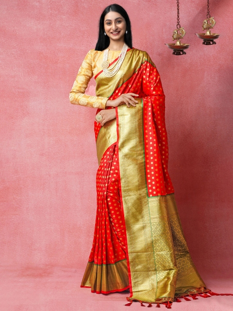 

Unnati Silks Red & Golden Ethnic Motifs Zari Silk Cotton Kanjeevaram Saree
