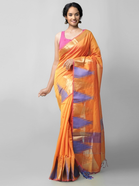 

Unnati Silks Orange & Purple Woven Design Silk Cotton Baluchari Saree