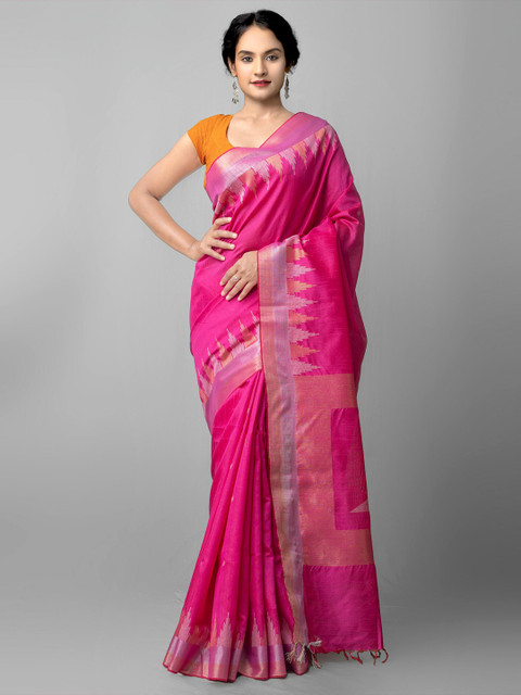 

Unnati Silks Pink & Silver-Toned Woven Design Zari Linen Blend Jamdani Saree