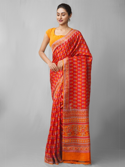 

Unnati Silks Red & Orange Woven Design Linen Blend Mysore Silk Saree