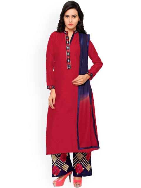 

Touch Trends Red & Navy Embroidered Chanderi Art Silk Unstitched Dress Material