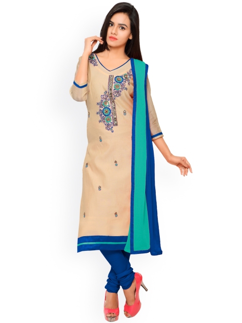 

Touch Trends Beige & Blue Embroidered Chanderi Art Silk Unstitched Dress Material