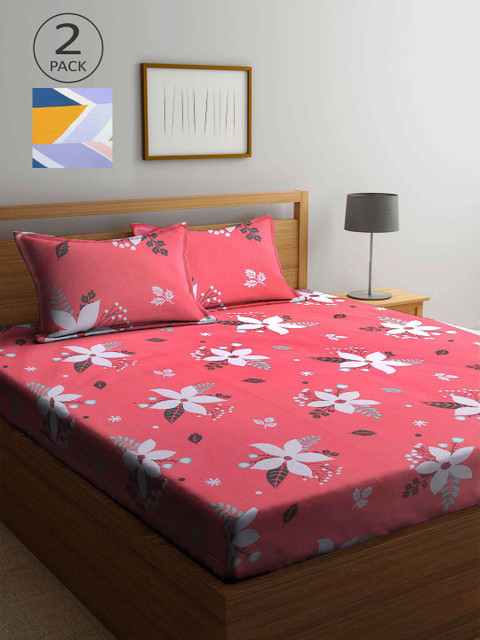 

KLOTTHE Pink & Blue Floral 210 TC 2 King Bedsheet with 4 Pillow Covers