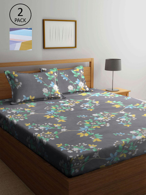 

KLOTTHE Grey & Green Floral 210 TC 2 King Bedsheet with 4 Pillow Covers