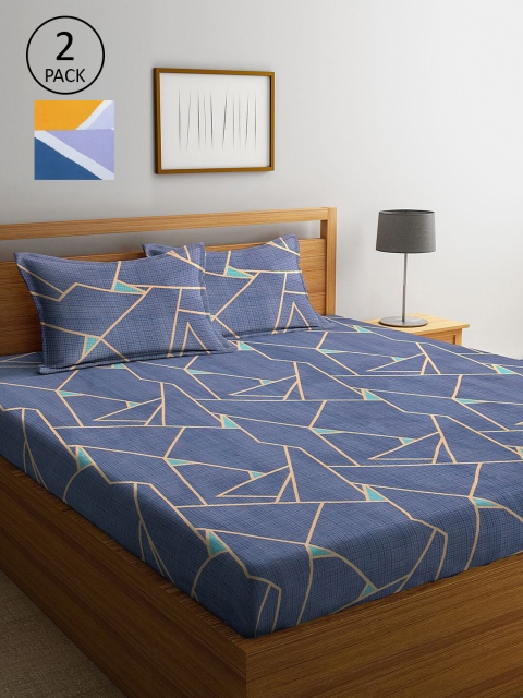 

KLOTTHE Blue & Yellow Geometric 210 TC 2 King Bedsheet with 4 Pillow Covers