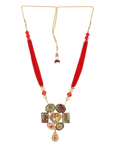 

Runjhun Red & Gold-Plated Krishna Tanjore Art Enamelled Necklace