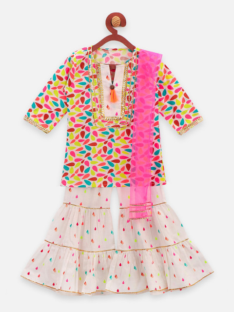 

LilPicks Girls Multi Color Abstract Printed Pure Cotton Kurti with Sharara & Dupatta
