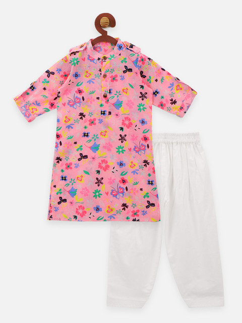 

LilPicks Boys Pink & White Printed Pure Cotton Kurti with Pyjamas
