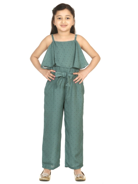

LilPicks Girls Green & Black Polka Dots Printed Basic Jumpsuit