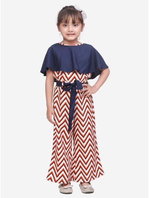 

LilPicks Girls Beige & Navy Blue ZigZag Printed Belt Basic Jumpsuit