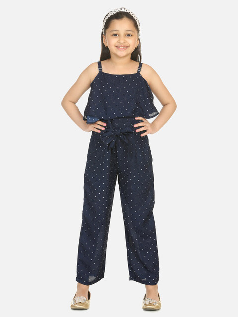

LilPicks Girls Blue Printed Basic Jumpsuit
