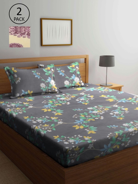 

KLOTTHE Grey & Cream-Coloured Floral 210 TC 2 King Bedsheet with 4 Pillow Covers