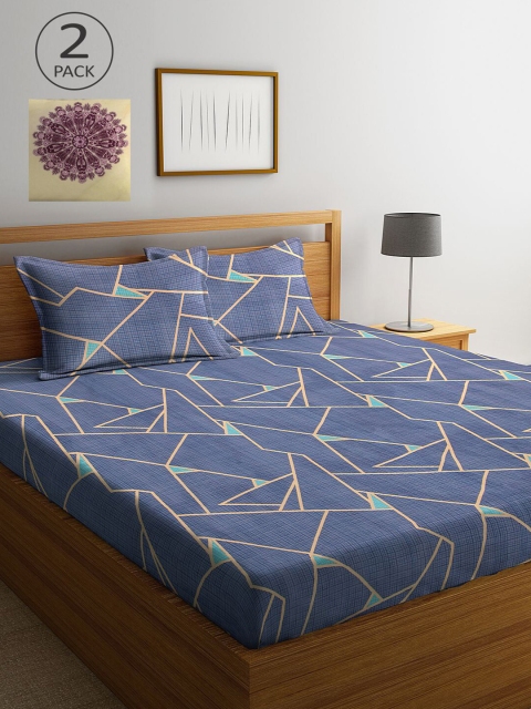 

KLOTTHE Blue & Cream-Coloured Geometric 210 TC 2 King Bedsheet with 4 Pillow Covers