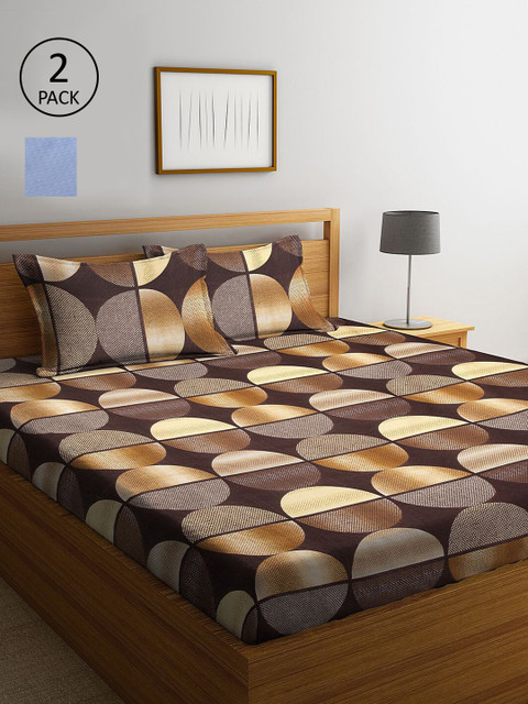 

KLOTTHE Blue & Brown Geometric 210 TC 2 King Bedsheet with 4 Pillow Covers