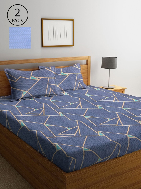 

KLOTTHE Blue Geometric 210 TC 2 King Bedsheet with 4 Pillow Covers