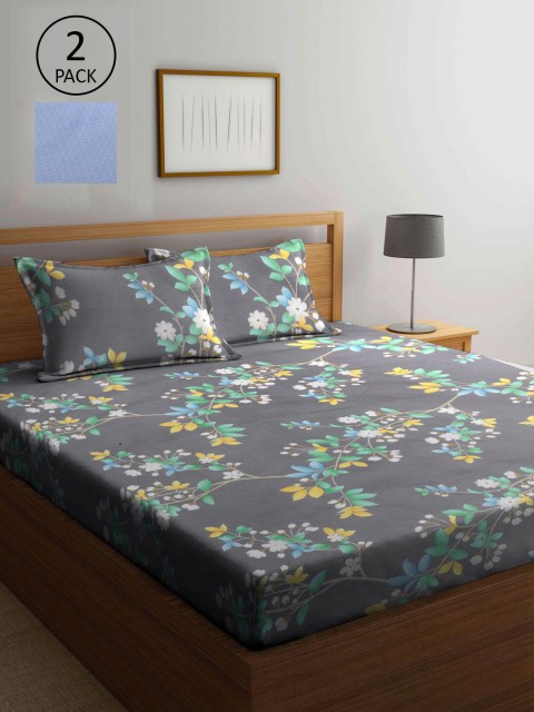 

KLOTTHE Grey & Blue Floral 210 TC 2 King Bedsheet with 4 Pillow Covers