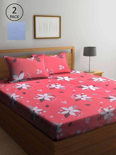 

KLOTTHE Peach-Coloured & Blue Floral 210 TC 2 King Bedsheet with 4 Pillow Covers
