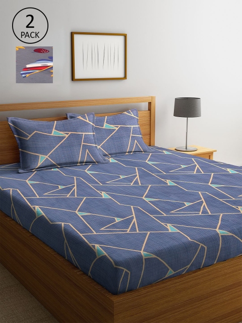 

KLOTTHE Grey & Blue Geometric 210 TC 2 King Bedsheet with 4 Pillow Covers
