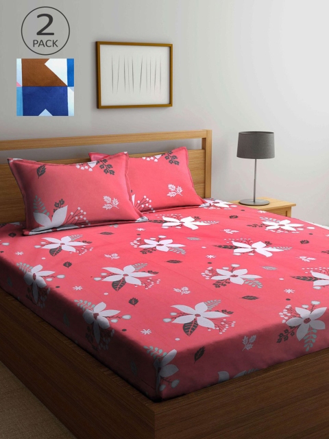 

KLOTTHE Pink & Blue Floral 210 TC 2 King Bedsheet with 4 Pillow Covers