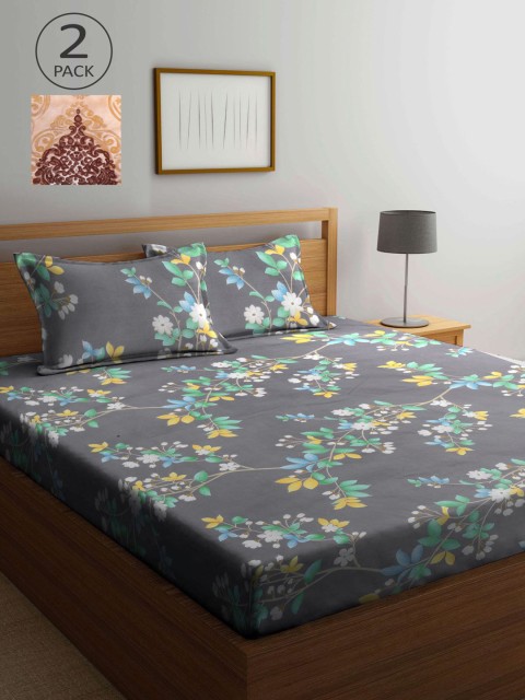 

KLOTTHE Grey & Beige Floral 210 TC 2 King Bedsheet with 4 Pillow Covers