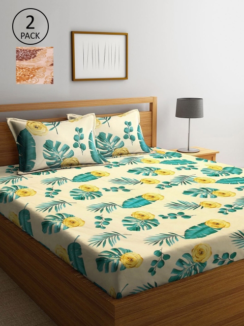

KLOTTHE Yellow & Beige Floral 210 TC 2 King Bedsheet with 4 Pillow Covers