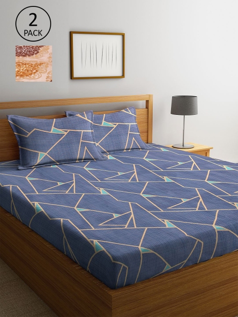 

KLOTTHE Blue & Beige Geometric 210 TC 2 King Bedsheet with 4 Pillow Covers