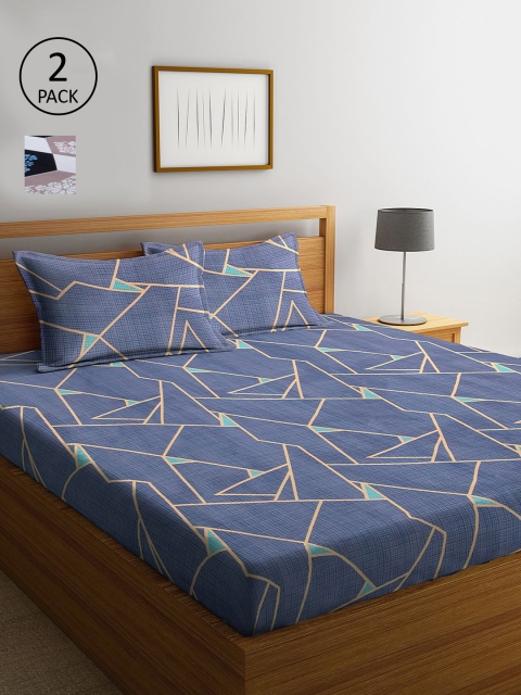 

KLOTTHE Blue & White Geometric 210 TC 2 King Bedsheet with 4 Pillow Covers
