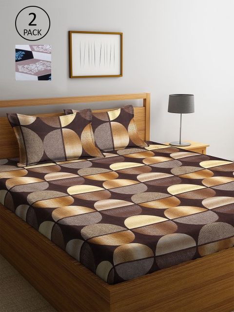 

KLOTTHE Brown & White Geometric 210 TC 2 King Bedsheet with 4 Pillow Covers